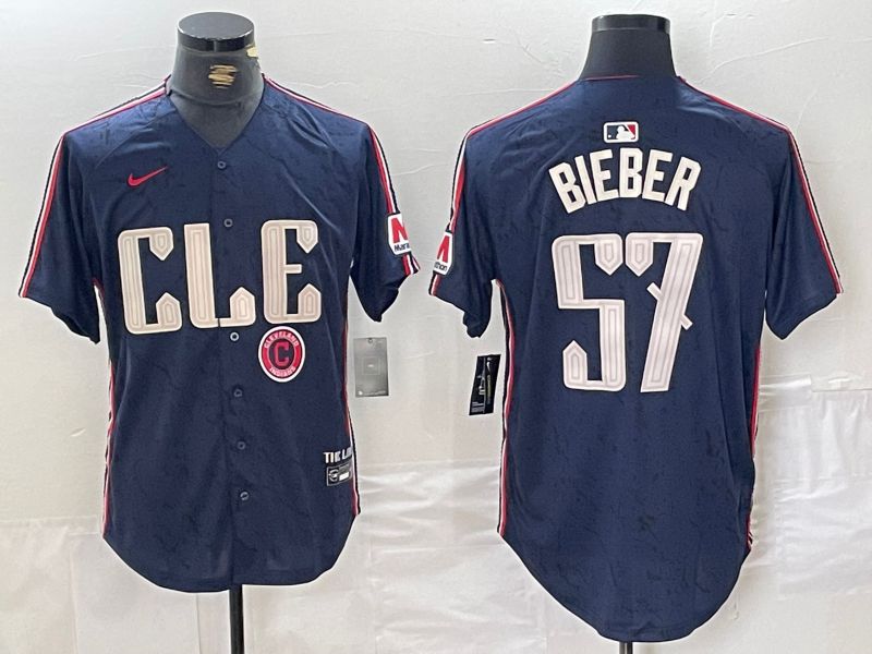 Men Cleveland Indians 57 Bieber Blue City Edition Nike 2024 MLB Jersey style 10